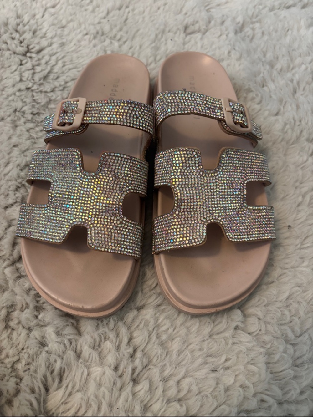 Madden Girl Rose Gold Crystal Double-Strap Slide Sandals